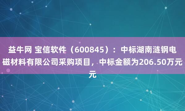 益牛网 宝信软件（600845）：中标湖南涟钢电磁材料有限公司采购项目，中标金额为206.50万元